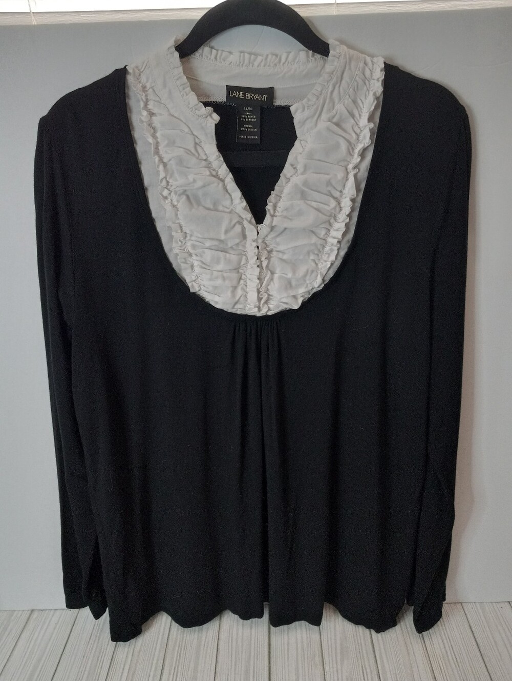 Lane Bryant Preppy Dark Academia Black Long Sleeve Top with White Ruffle Bib